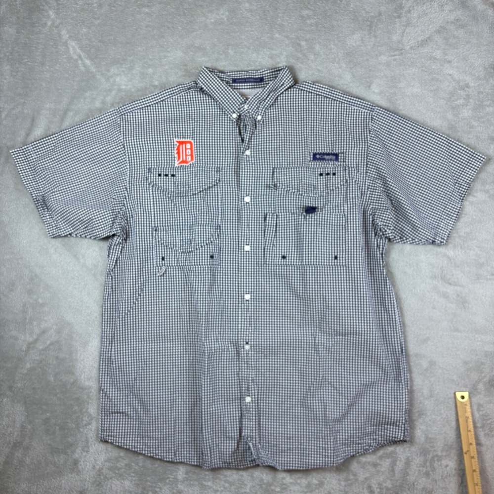 Columbia Shirt Mens Large Super Bonehead PFG Detroit Tigers Gingham Blue‎ White
